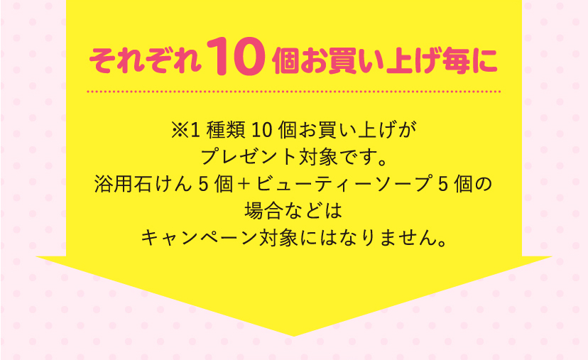 それぞれ10個お買い上げ毎に ※1種類10個お買い上げがプレゼント対象です。浴用石けん5個＋ビューティーソープ5個の場合などはキャンペーン対象にはなりません。