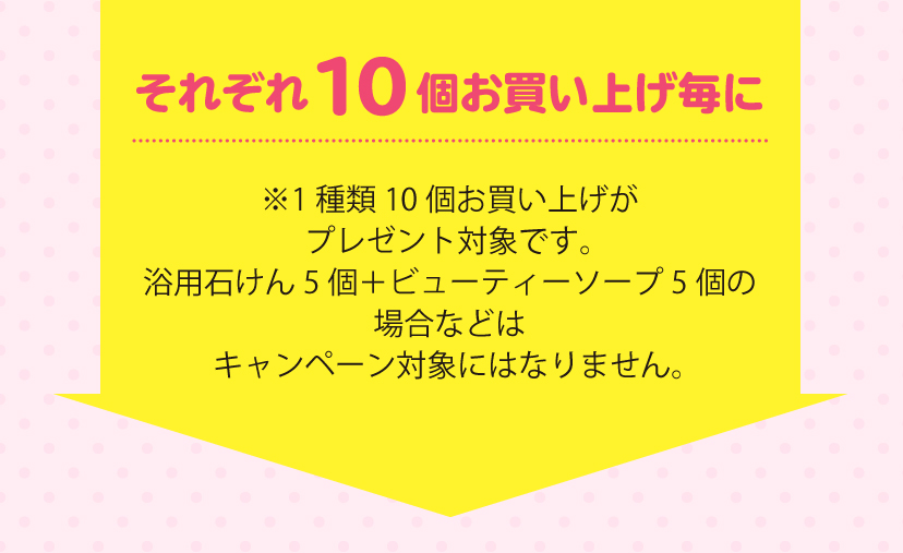 それぞれ10個お買い上げ毎に ※1種類10個お買い上げがプレゼント対象です。浴用石けん5個＋ビューティーソープ5個の場合などはキャンペーン対象にはなりません。