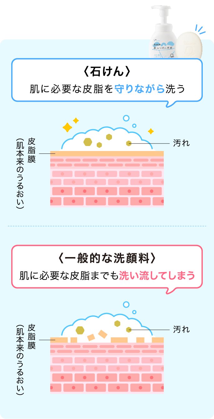 〈石けん〉 肌に必要な皮脂を守りながら洗う 皮脂膜(肌本来のうるおい) 汚れ 〈一般的な洗顔料〉 肌に必要な皮脂までも洗い流してしまう 皮脂膜(肌本来のうるおい) 汚れ