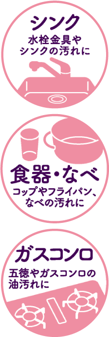 シンク 水栓金具やシンクの汚れに 食器・なべ コップやフライパン、なべの汚れに ガスコンロ 五徳やガスコンロの油汚れに