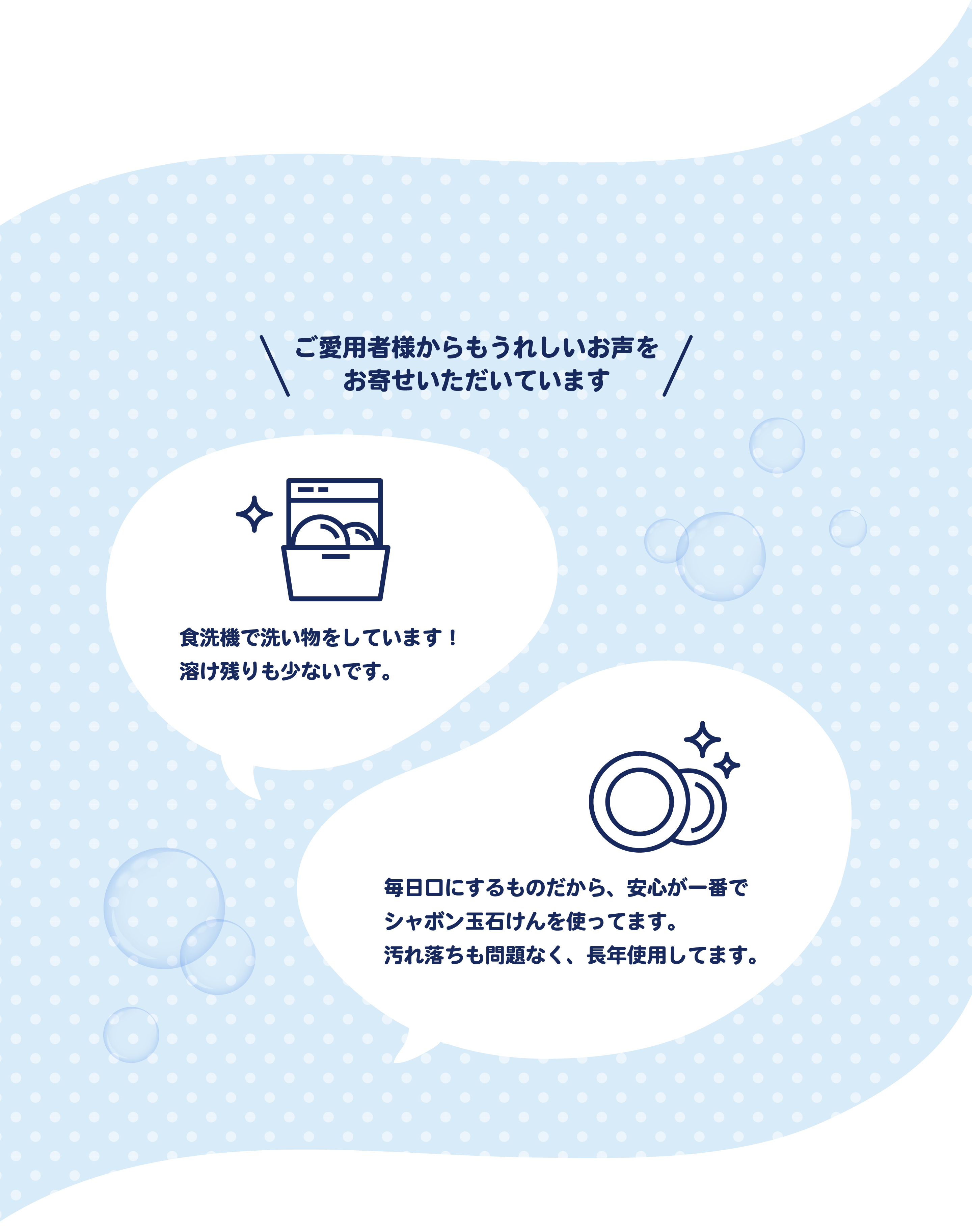 ご愛用者様からもうれしいお声をお寄せいただいています 食洗機で洗い物をしています！ 毎日口にするものだから、安心が一番でシャボン玉石けんを使ってます。汚れ落ちも問題なく、長年使用してます。溶け残りも少ないです。