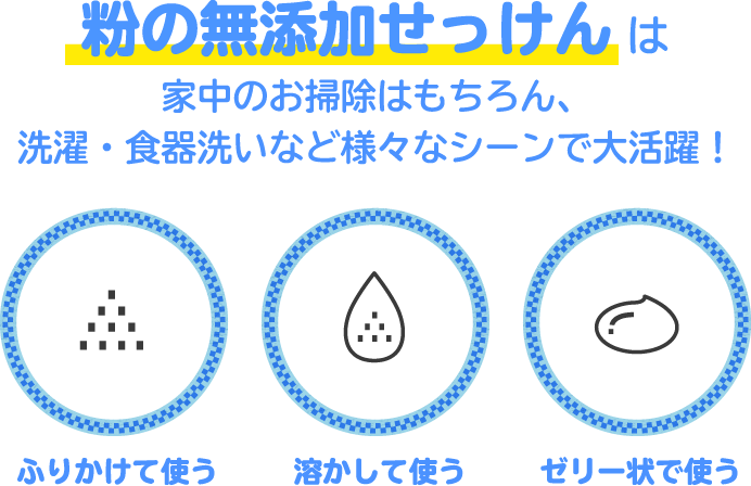 粉の無添加せっけんは、家中のお掃除はもちろん、洗濯・食器洗いなど様々なシーンで大活躍！ ふりかけて使う 溶かして使う ゼリー状で使う