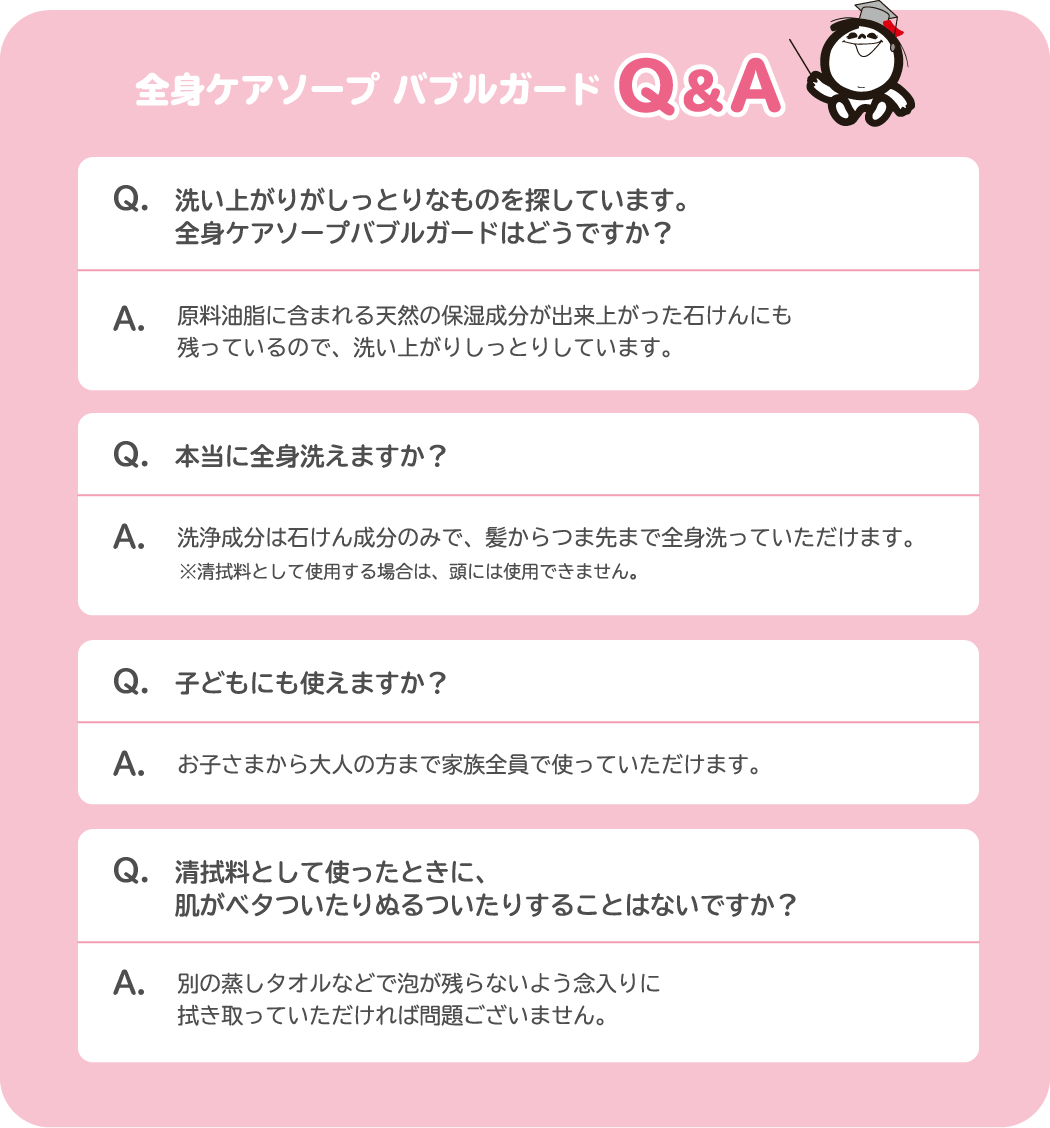 全身ケアソープ バブルガード Q&A Q.洗い上がりがしっとりなものを探しています。全身ケアソープバブルガードはどうですか? A.原料油脂に含まれる天然の保湿成分が出来上がった石けんにも残っているので、洗い上がりしっとりしています。 Q.本当に全身洗えますか? A.洗浄成分は石けん成分のみで、髪からつま先まで全身洗っていただけます。 ※清拭料として使用する場合は、頭には使用できません。 Q.子どもにも使えますか? A.お子さまから大人の方まで家族全員で使っていただけます。 Q.清拭料として使ったときに、肌がベタついたりぬるついたりすることはないですか? A.別の蒸しタオルなどで泡が残らないよう念入りに拭き取っていただければ問題ございません。