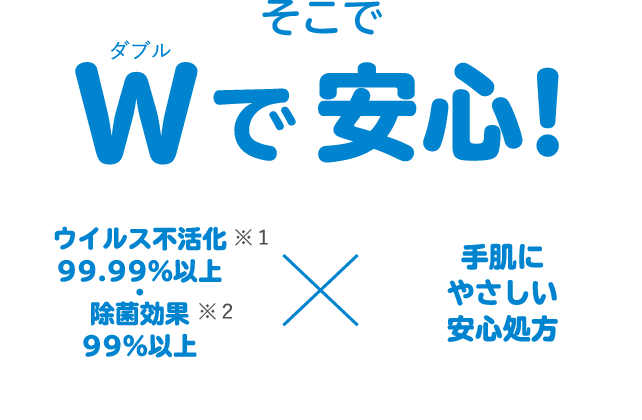 そこでWで安心！ 抗ウイルス・除菌効果99％以上 手肌にやさしい安心処方