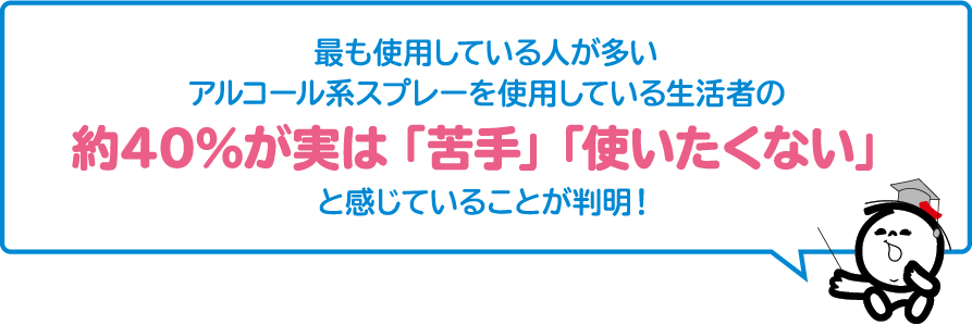 最も使用している人が多いアルコール系スプレーを使用している生活者の約40％が実は「苦手」「使いたくない」と感じていることが判明！