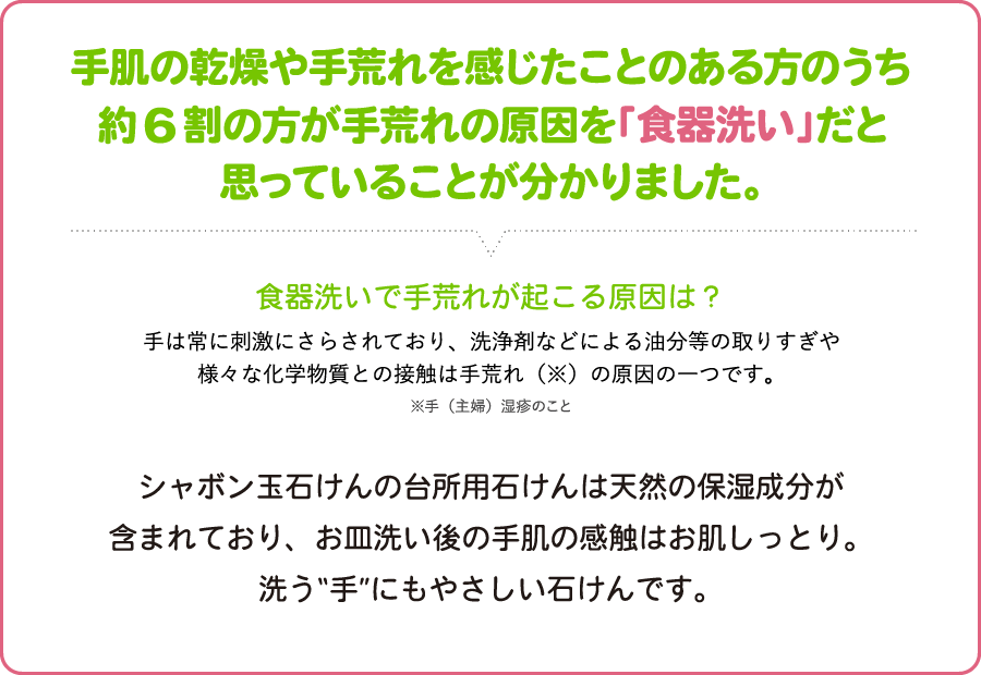 手肌の乾燥や手荒れを感じたことがある方のうち約6割の方が 手荒れの原因を「食器洗い」だと思っていることが分かりました 食器洗いで手荒れが起こる原因は？ 手は常に刺激にさらされており、洗浄剤などによる油分等の取りすぎや様々な化学物質との接触は手荒れ（手（主婦）湿疹のこと）の原因の一つです。 シャボン玉石けんの台所用石けんは天然の保湿成分が含まれており、お皿洗い後の手肌の感触はお肌しっとり。洗う“手”にもやさしい石けんです。