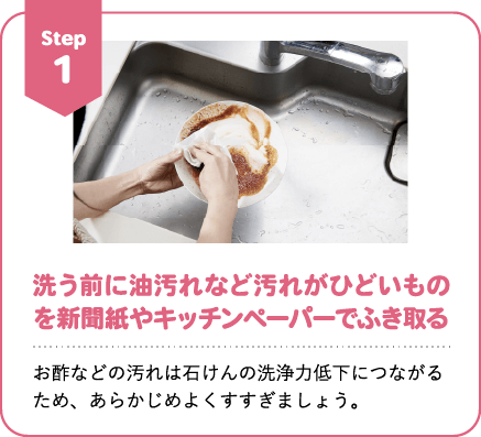 Step1 洗う前に油汚れなど汚れがひどいものをぼろ布やキッチンペーパーでふき取る