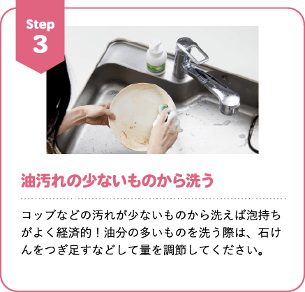 Step3 油汚れの少ないものから洗う コップなどの汚れが少ないものから洗えば泡持ちがよく経済的！油分の多いものを洗う際は、石けんをつぎ足すなどして量を調節してください。