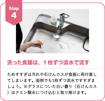 Step4 洗った食器は、1枚ずつ流水で流す ためすすぎは汚れや石けんカスが食器に再付着してしまいます。面倒でも1枚ずつ流水ですすぎましょう。※グラスについた白い曇り（石けんカス）はクエン酸水につけ込むと取り除けます。