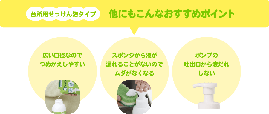 台所用せっけん泡タイプ 他にもこんなおすすめポイント 広い口径なのでつめかえしやすい スポンジから液が漏れることがないのでムダがなくなる ポンプの吐出口から液だれしない