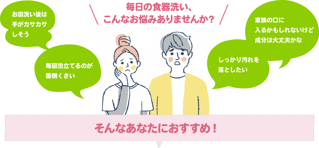 毎日の食器洗い、こんなお悩みありませんか？ お皿洗い後の手肌の乾燥が気になる 毎回泡立てるが面倒くさい 家族の口に入るかもしれないけど成分は大丈夫かな しっかり汚れを落としたい そんなあなたにおすすめ!