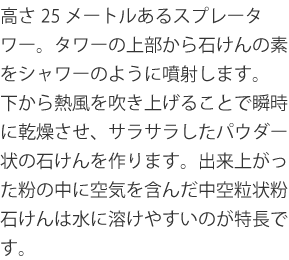 高さ25メートルあるスプレータワー。タワー上部から石けんの素をシャワーのように噴射します。下から熱風を吹き上げることで瞬時に乾燥させ、サラサラしたパウダー状の石けんを作ります。出来上がった粉の中に空気を含んだ中空粒状粉石けんは水に溶けやすいのが特長です。