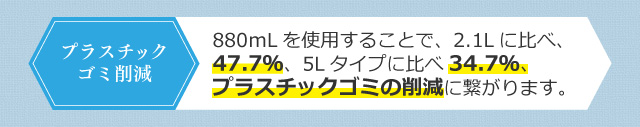 880ｍLを使用することで、2.1Lに比べ、47.7％、5Lタイプに比べ34.7％、プラスチックゴミの削減に繋がります。