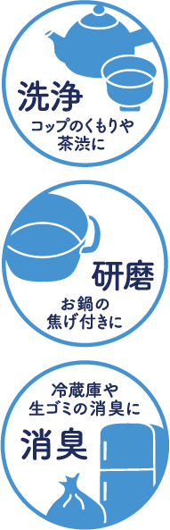 洗浄 コップのくもりや茶渋に　研磨 お鍋の焦げ付きに　消臭 冷蔵庫や生ゴミの消臭に