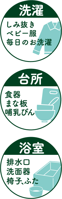 漂白 衣類の漂白しみ抜き　消臭 排水口の除菌・消臭　除菌 まな板、食器の除菌・消臭