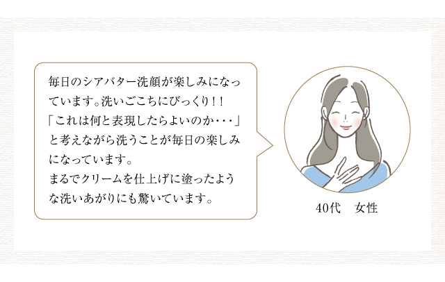 毎日のシアバター洗顔が楽しみになっています。洗いごこちにびっくり！！「これは何と表現したらよいのか・・・」と考えながら洗うことが毎日の楽しみになっています。まるでクリームを仕上げに塗ったような洗いあがりにも驚いています。 ○代　女性　先日、シアバター洗顔を購入し、使ってみました。私のようなおばあちゃんでも肌がしっとりしてとてもよかった。 80代　女性