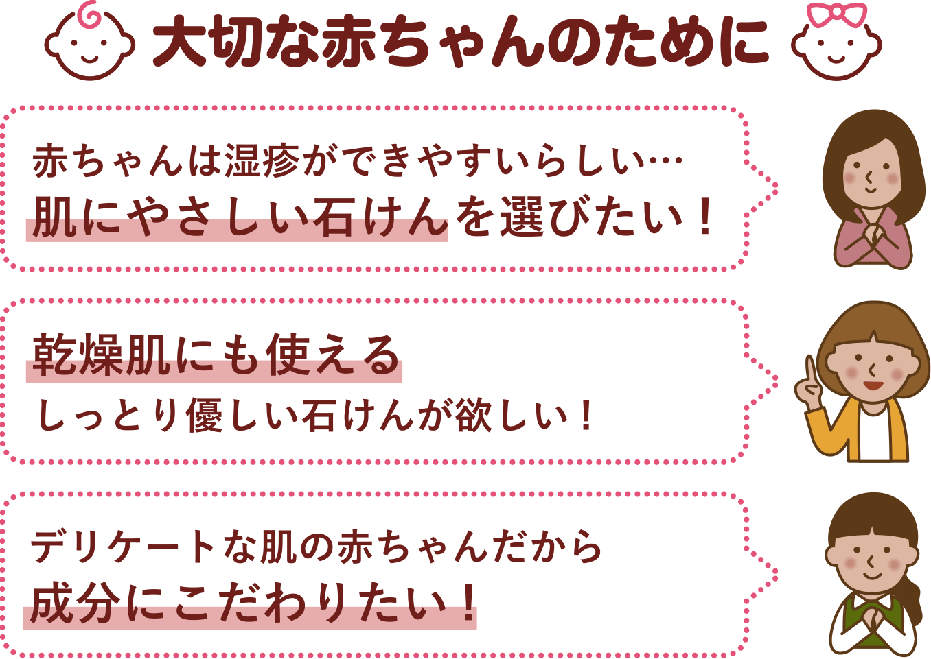 大切な赤ちゃんのために 赤ちゃんは湿疹ができやすいらしい…肌にやさしい石けんを選びたい!　乾燥肌にも使えるしっとり優しい石けんが欲しい! デリケートな肌の赤ちゃんだから成分にこだわりたい!