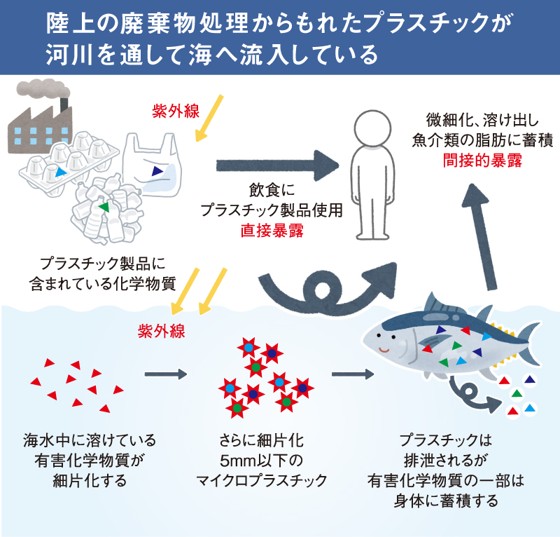 陸上の廃棄物処理からもれたプラスチックが河川を通して海へ流入している