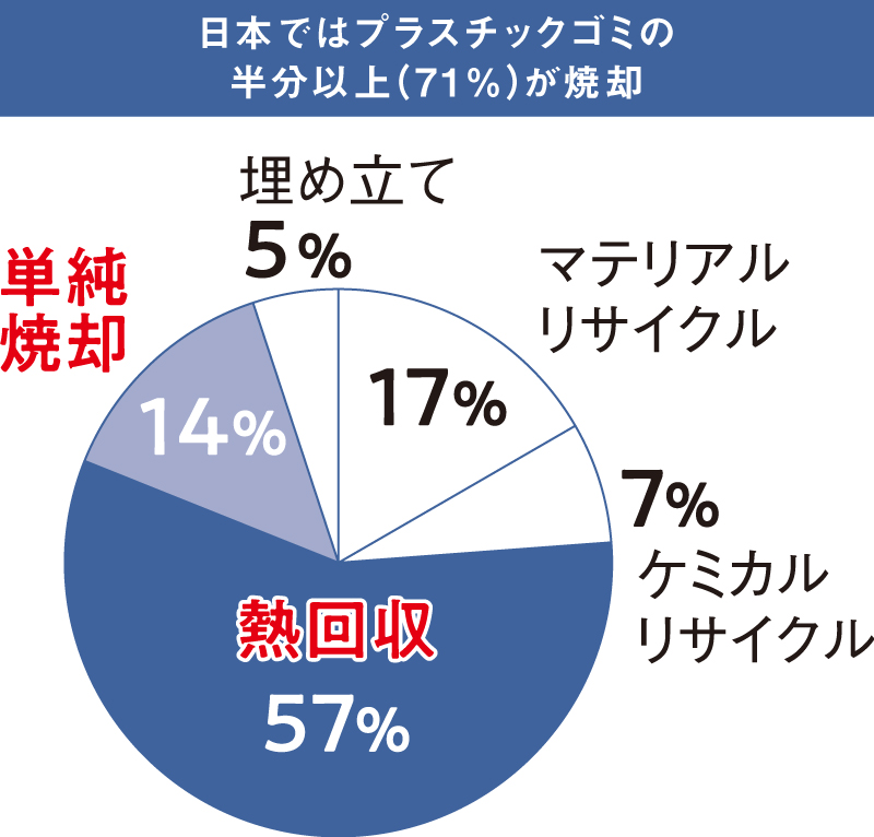 日本ではプラスチックゴミの半分以上（71％）が焼却