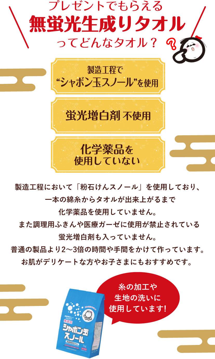 プレゼントでもらえる無蛍光生成りタオルってどんなタオル？ 製造工程で“シャボン玉スノール”を使用 蛍光増白剤不使用 化学薬品を使用していない 製造工程において「粉石けんスノール」を使用しており、一本の綿糸からタオルが出来上がるまで化学薬品を使用していません。また調理用ふきんや医療ガーゼに使用が禁止されている蛍光増白剤も入っていません。普通の製品より2～3倍の時間や手間をかけて作っています。お肌がデリケートな方やお子さまにもおすすめです。糸の加工や生地の洗いに使用しています!