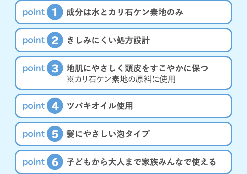 [point1:成分は水とカリ石ケン素地のみ] [point2:きしみにくい処方設計] [point3:地肌にやさしく頭皮をすこやかに保つ ※カリ石ケン素地の原料に使用] [point4:ツバキオイル使用] [point5:髪にやさしい泡タイプ] [point6:子どもから大人まで家族みんなで使える]