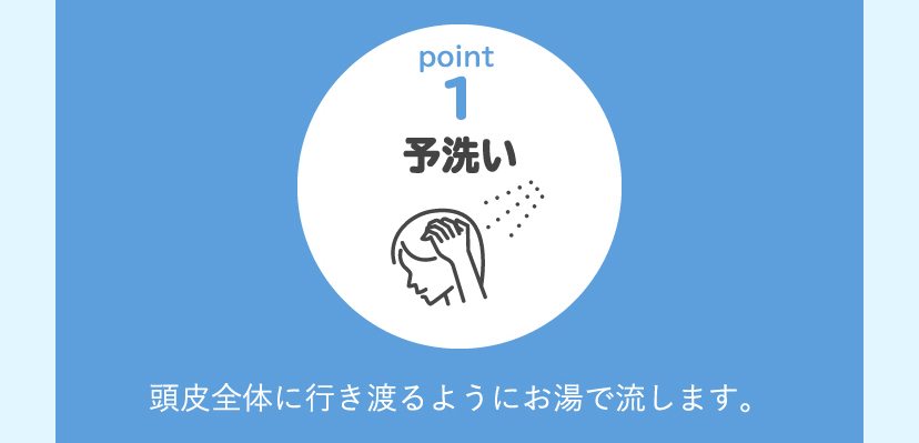 [point1:予洗い]頭皮全体に行き渡るようにお湯で流します。