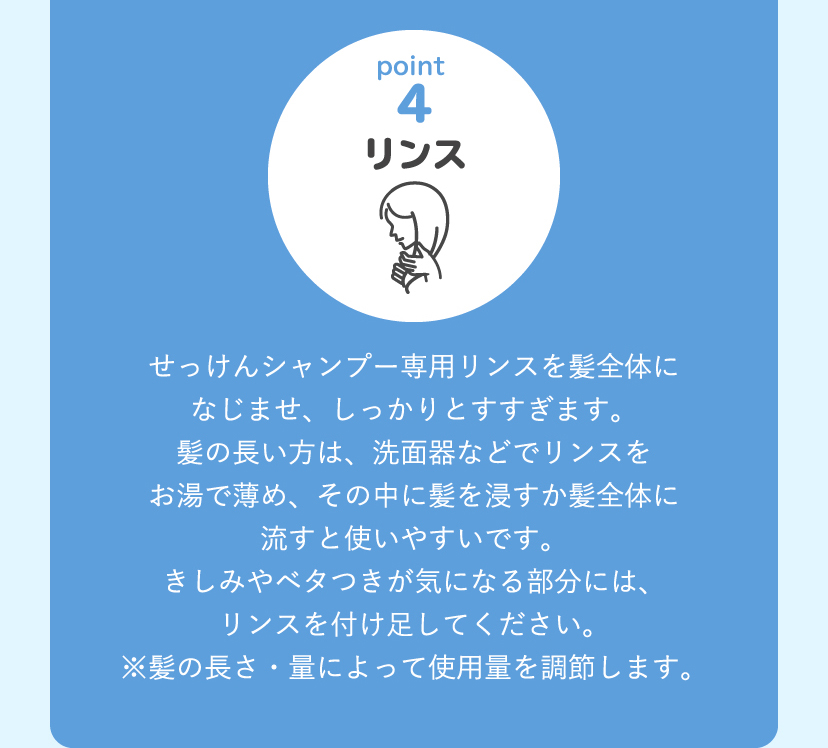 [point4:リンス]せっけんシャンプー専用リンスを髪全体になじませ、しっかりとすすぎます。髪の長い方は、洗面器などでリンスをお湯で薄め、その中に髪を浸すか髪全体に流すと使いやすいです。きしみやベタつきが気になる部分には、リンスを付け足してください。
                  ※髪の長さ・量によって使用量を調節します。