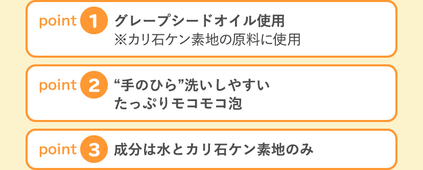 [point1:グレープシードオイル使用 ※カリ石ケン素地の原料に使用] [point2:手のひら洗いしやすいたっぷりモコモコ泡] [point3:成分は水とカリ石ケン素地のみ]