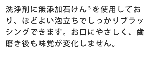 洗浄剤に無添加石けん※を使用しており、ほどよい泡立ちでしっかりブラッシングできます。お口にやさしく、歯磨き後も味覚が変化しません。